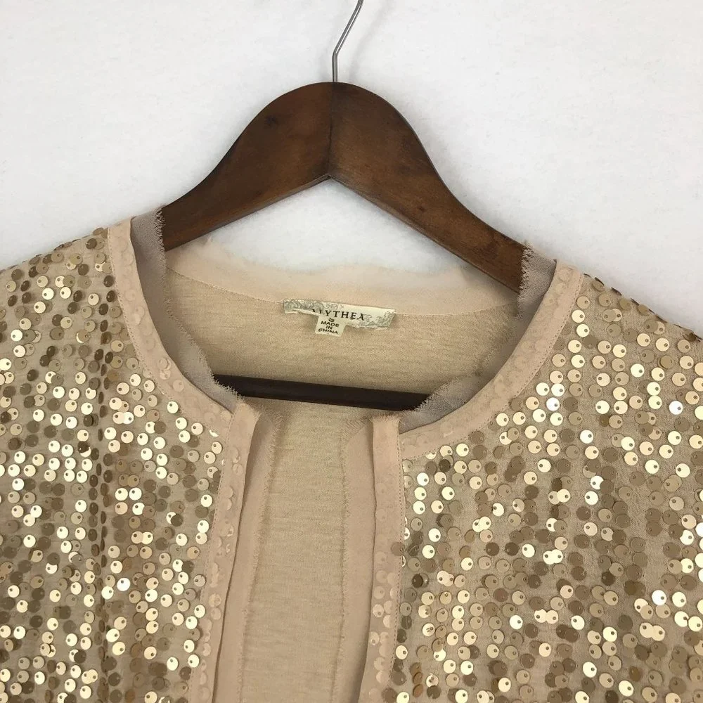 Alythea Women's Size Small Beige Gold Sequin 3/4 Sleeve Open Front Crop Jacket - Picture 2 of 8